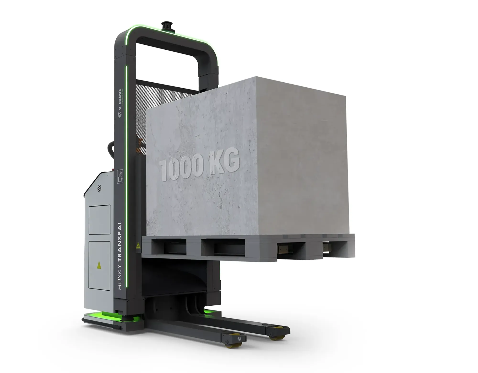 TPL1000 transporting a 1000 kg pallet in an industrial environment